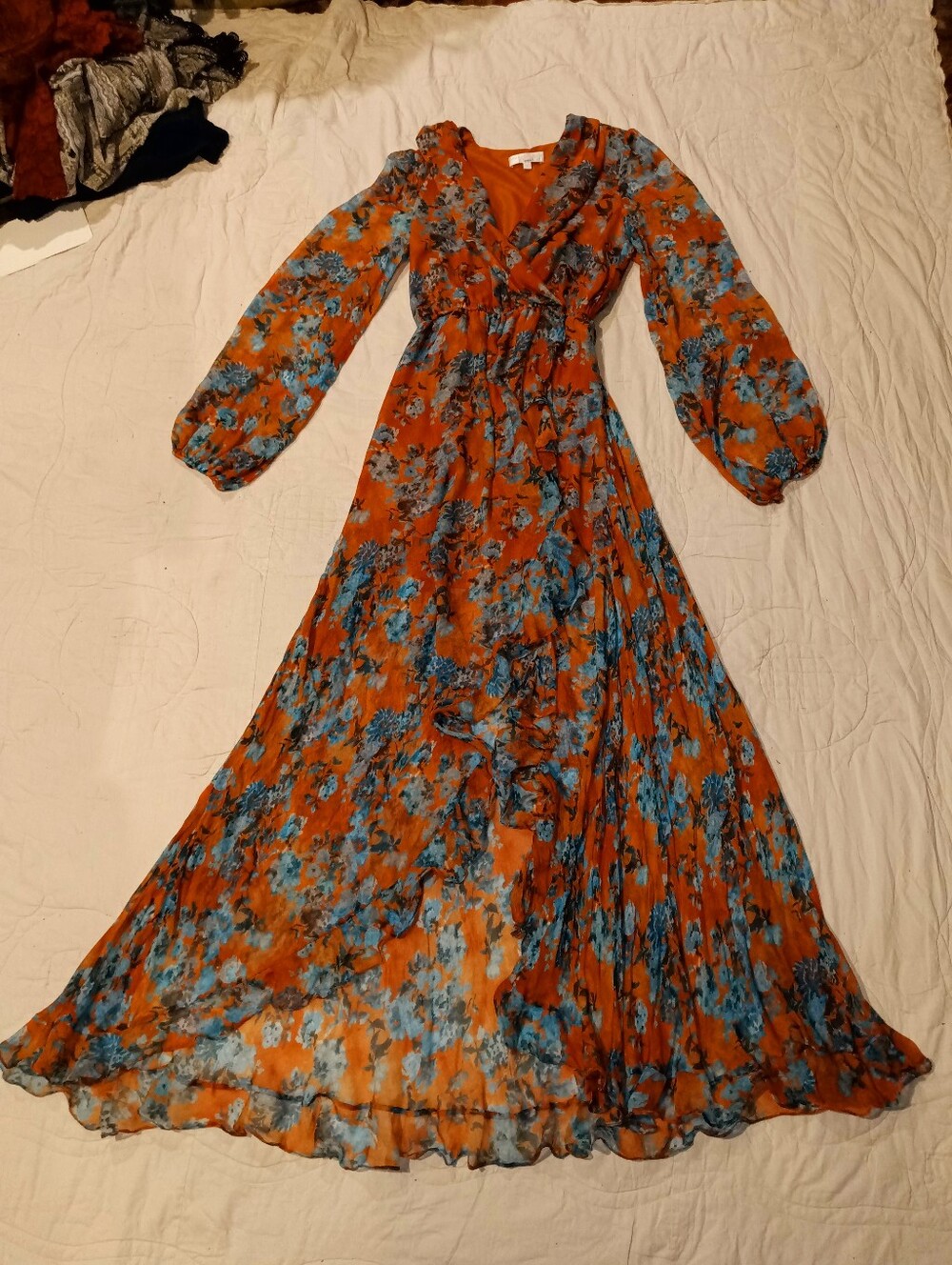 Caroline Constas Silk Rust Teal Maxi Open Drape Dress Floral Printolin